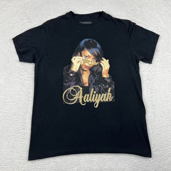 Aaliyah Shirt Adult Large Black Glitter Short‎ Sleeve Graphic Tee Cotton - Picture 1 of 10